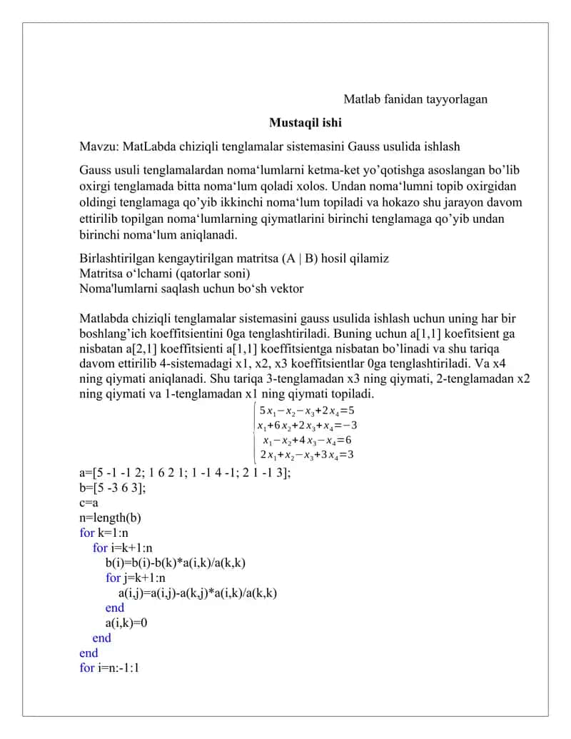 Matlabda chiziqli tenglamalar sistemasini Gauss usulida ishlash