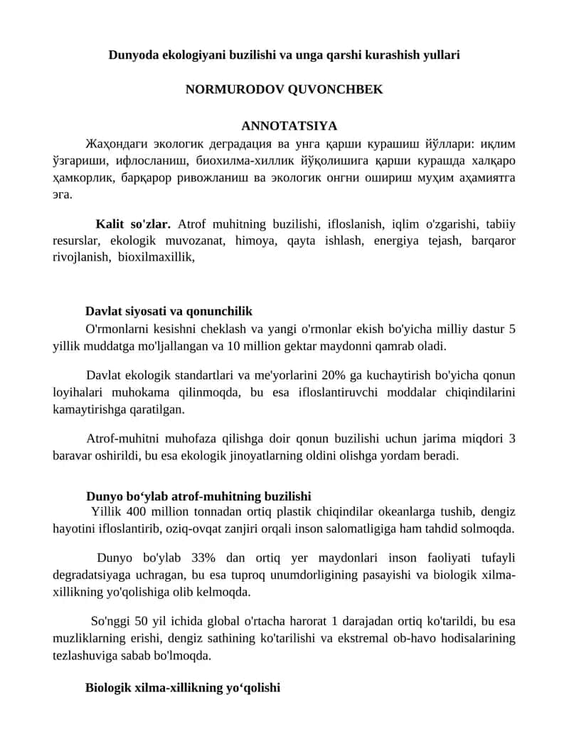 Dunyoda ekologiyani buzilishi va unga qarshi kurashish yullari