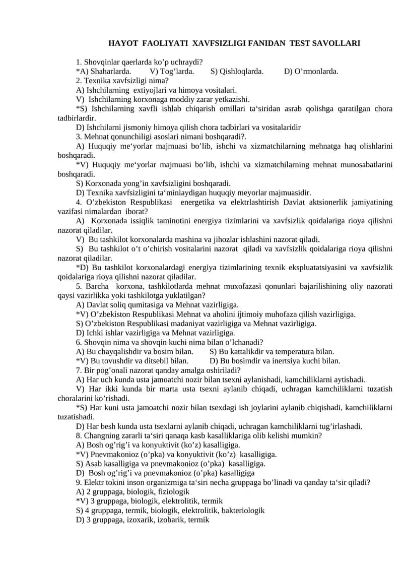 HAYOT FAOLIYATI ХАVFSIZLIGI FАNIDAN TEST SAVOLLARI
