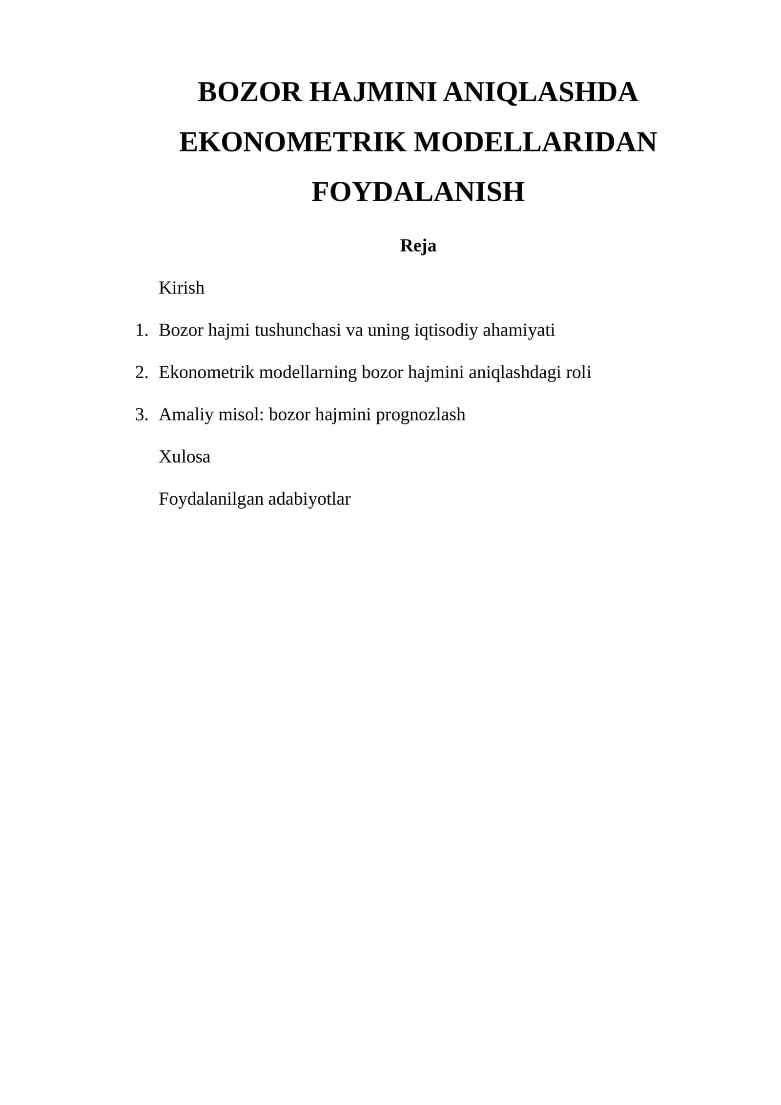 Bozor Hajmini Aniqlashda Ekometrik Modellaridan Foydalanish