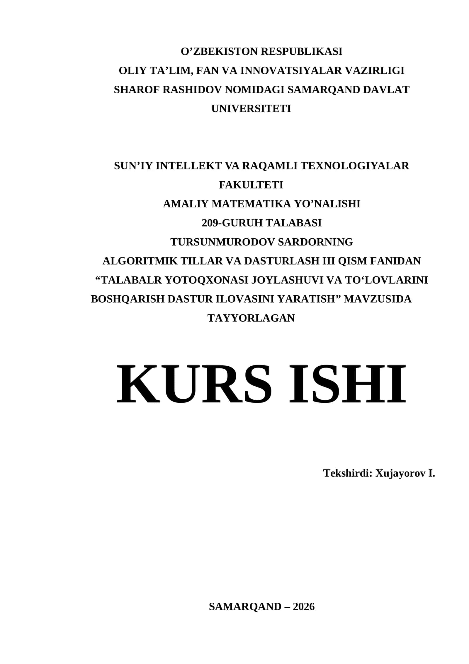 Visual Studio | Kurs ishi - TALABALR YOTOQXONASI JOYLASHUVI VA TO‘LOVLARINI BOSHQARISH DASTUR ILOVASINI YARATISH