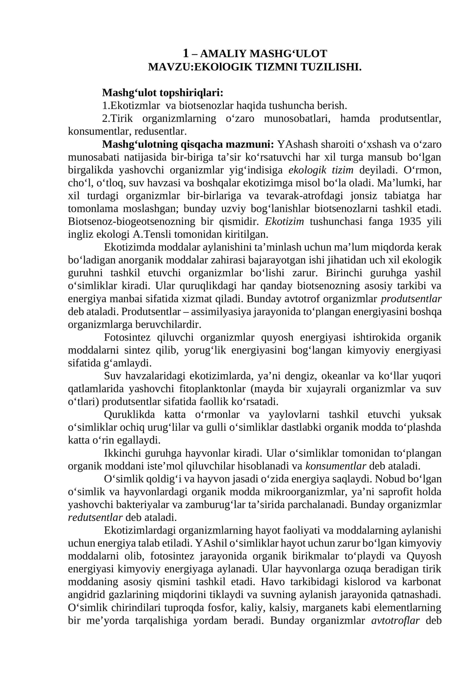 EKOlOGIK TIZMNI TUZILISHI