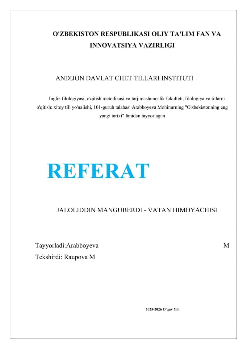 Referat Jaloliddin Manguberdi haqida