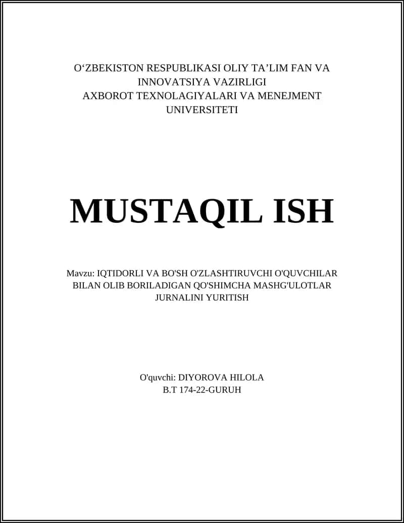 Qo'shimcha Mashg'ulotlar Jurnali