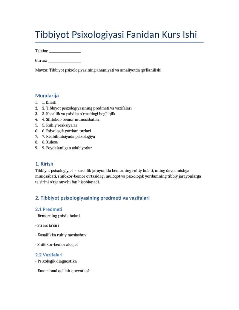Tibbiyot Psixologiyasi Fanidan Kurs Ishi