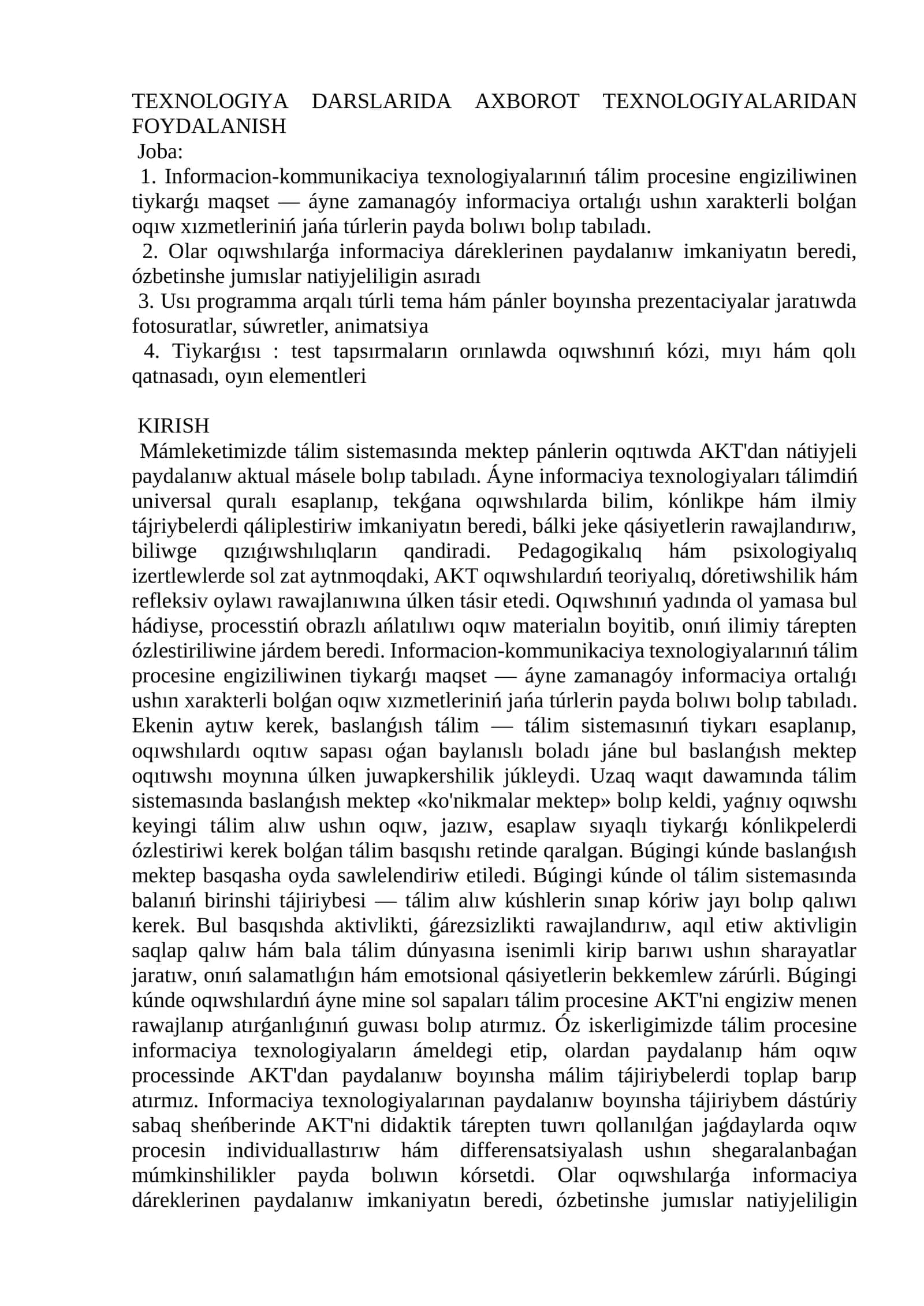 TEXNOLOGIYA DARSLARIDA AXBOROT TEXNOLOGIYALARIDAN FOYDALANISH