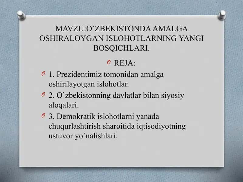 O`ZBEKISTONDA AMALGA OSHIRALOYGAN ISLOHOTLARNING YANGI BOSQICHLARI