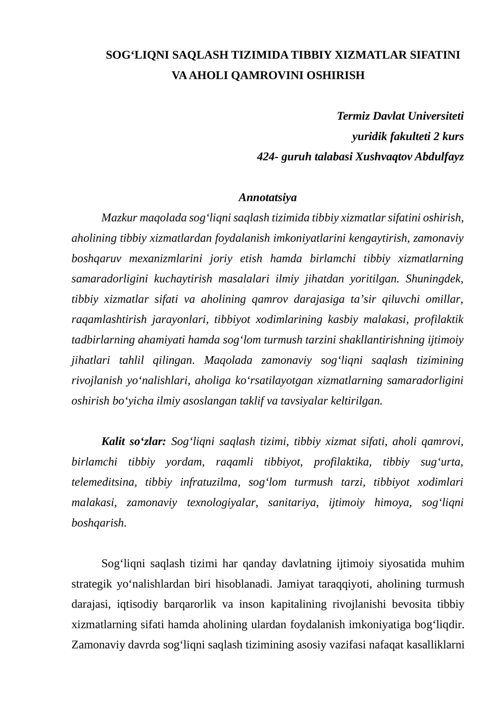 SOG‘LIQNI SAQLASH TIZIMIDA TIBBIY XIZMATLAR SIFATINI VA AHOLI QAMROVINI OSHIRISH