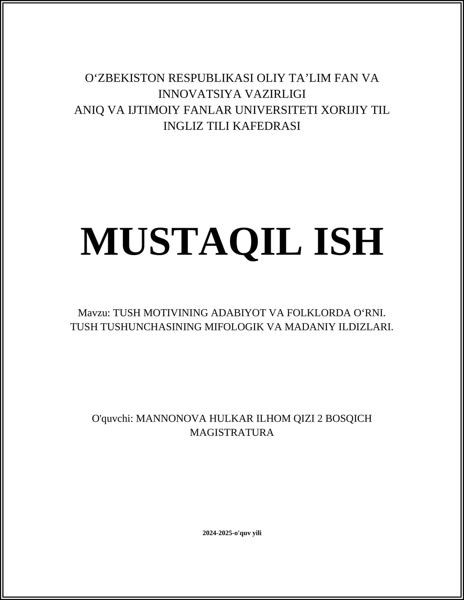 TUSH MOTIVINING ADABIYOT VA FOLKLORDA OʻRNI