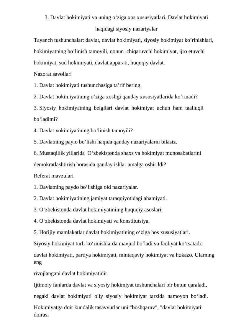 Davlat hokimiyati va uning o‘ziga xos xususiyatlari