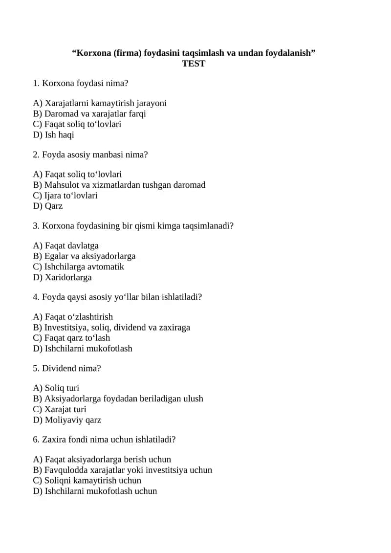 Korxona (firma) foydasini taqsimlash va undan foydalanish