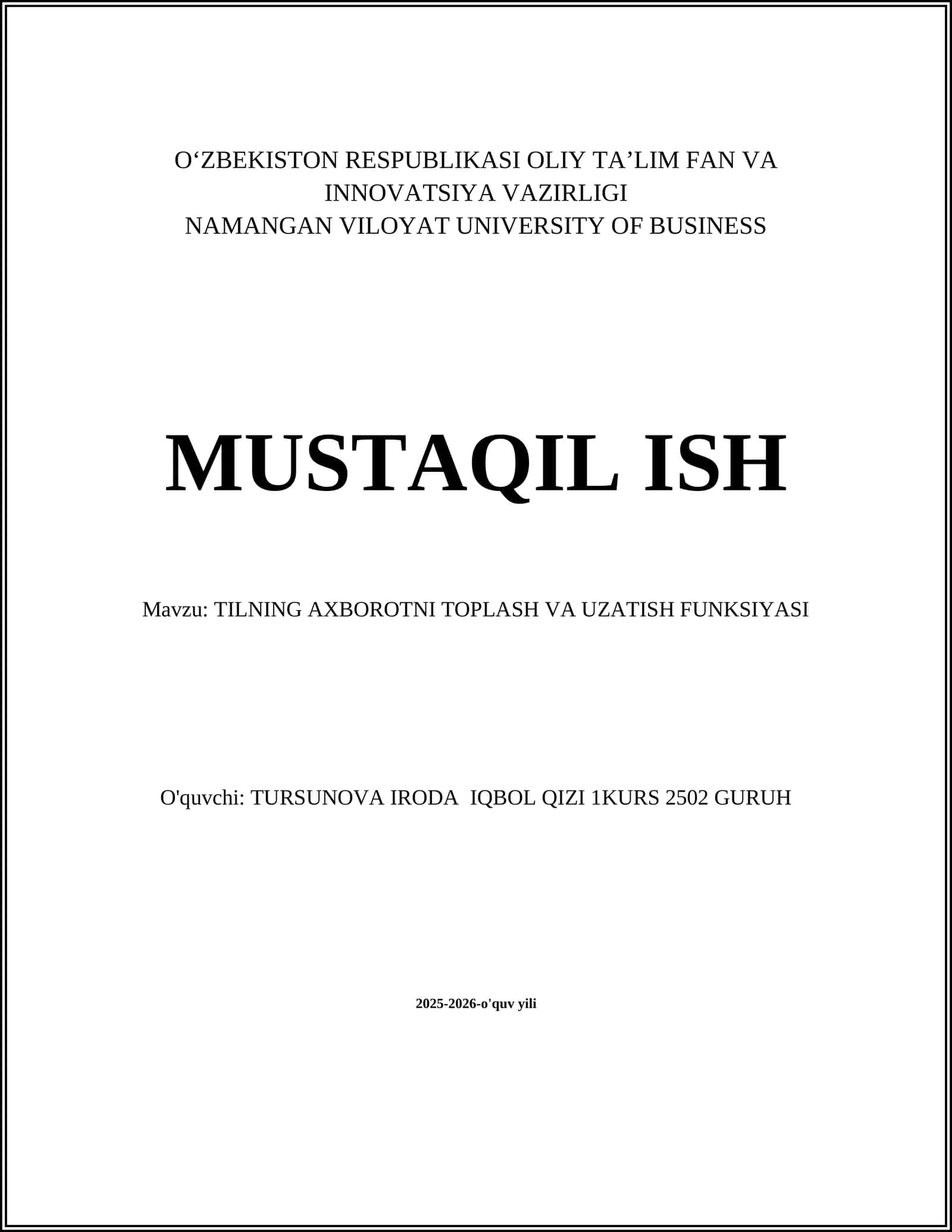 TILNING AXBOROTNI TOPLASH VA UZATISH FUNKSIYASI
