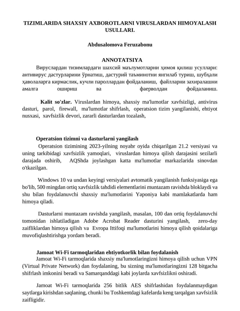 TIZIMLARIDA SHAXSIY AXBOROTLARNI VIRUSLARDAN HIMOYALASH USULLARI