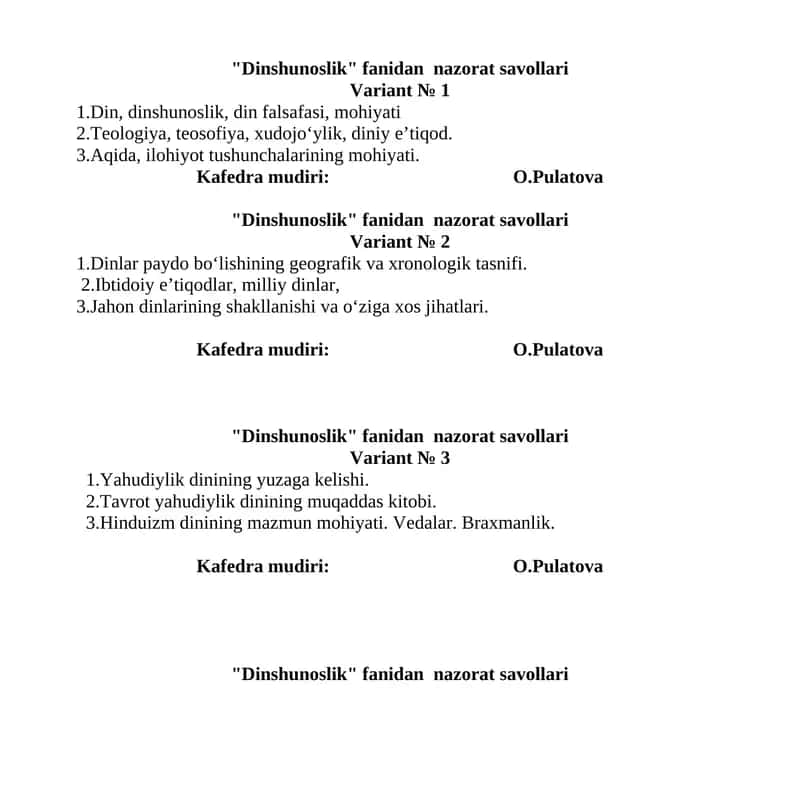 Dinshunoslik fanidan nazorat savollari