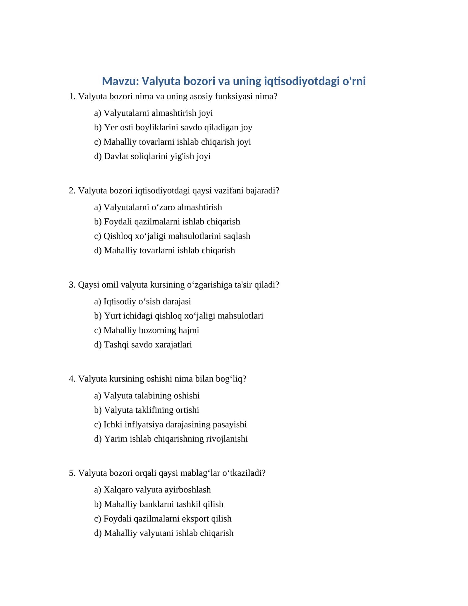 Valyuta bozori va uning iqtisodiyotdagi o'rni