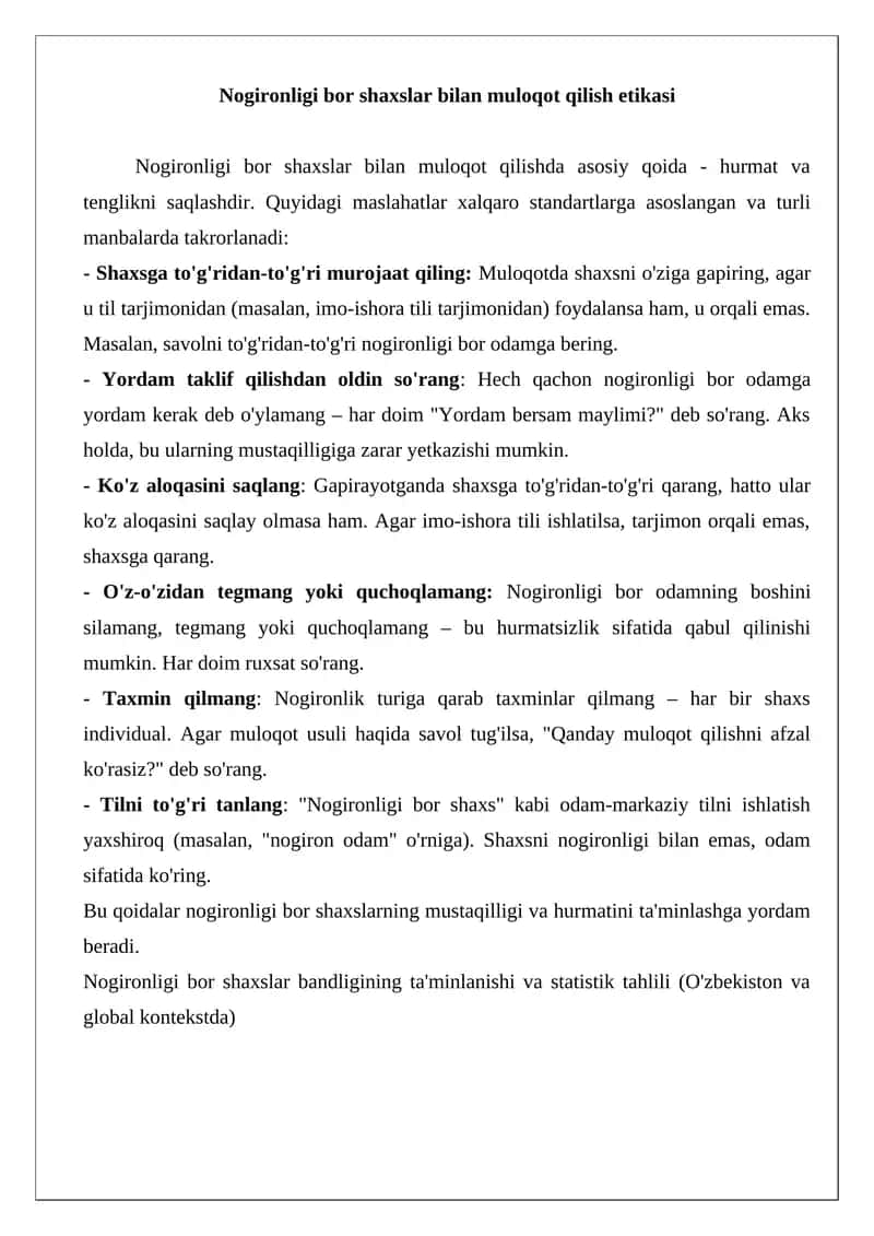 Nogironligi bor shaxslar bilan muloqot qilish etikasi