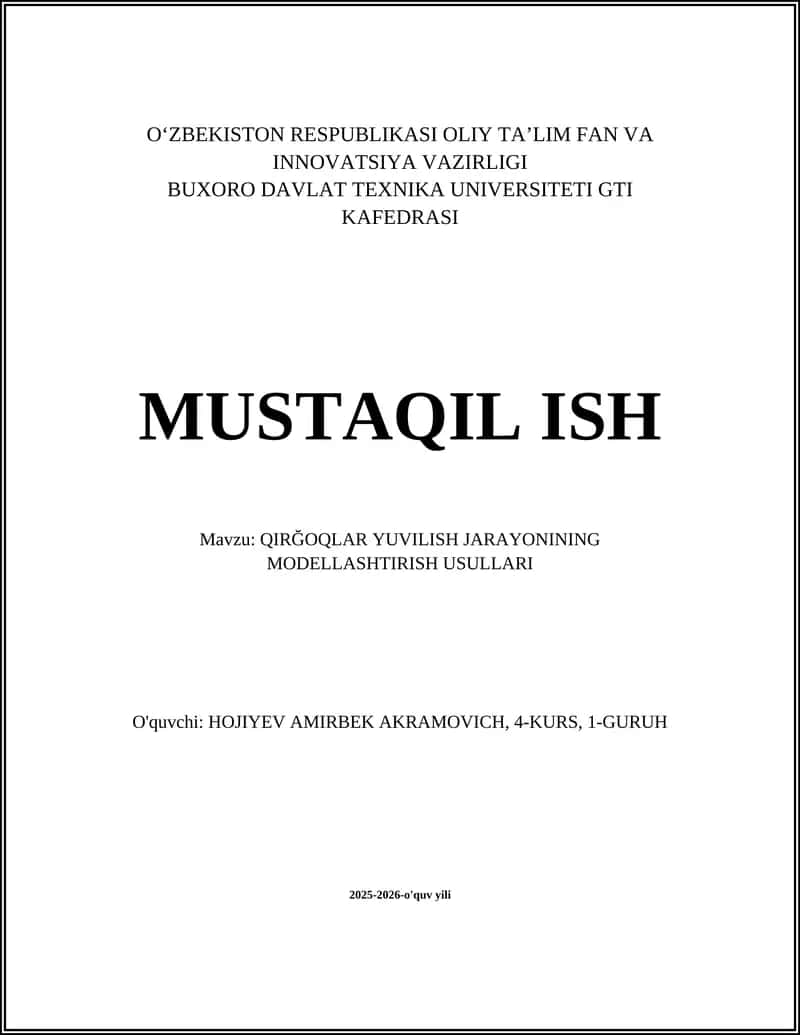 QIRĞOQLAR YUVILISH JARAYONINING MODELLASHTIRISH USULLARI