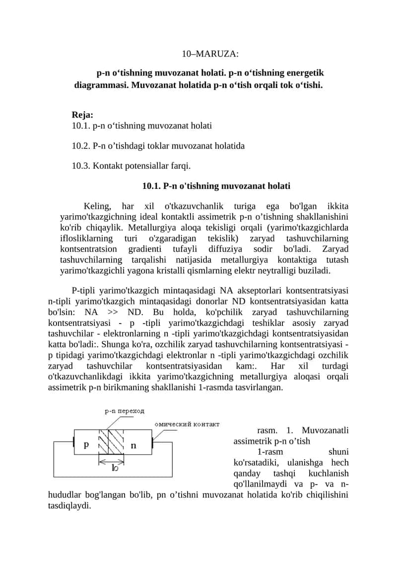 P-n o'tishning muvozanat holati