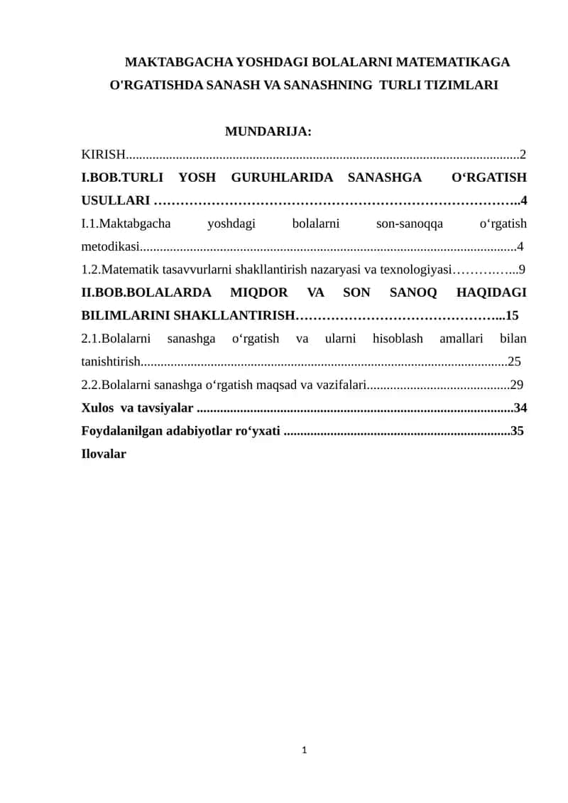 MAKTABGACHA YOSHDAGI BOLALARNI MATEMATIKAGA O'RGATISHDA SANASH VA SANASHNING TURLI TIZIMLARI