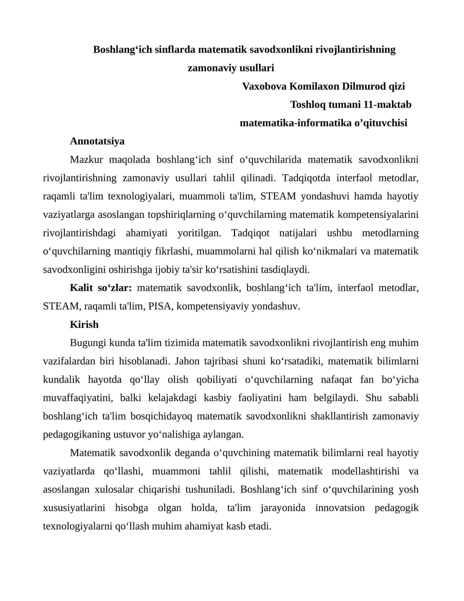 Boshlang‘ich sinflarda matematik savodxonlikni rivojlantirishning zamonaviy usullari