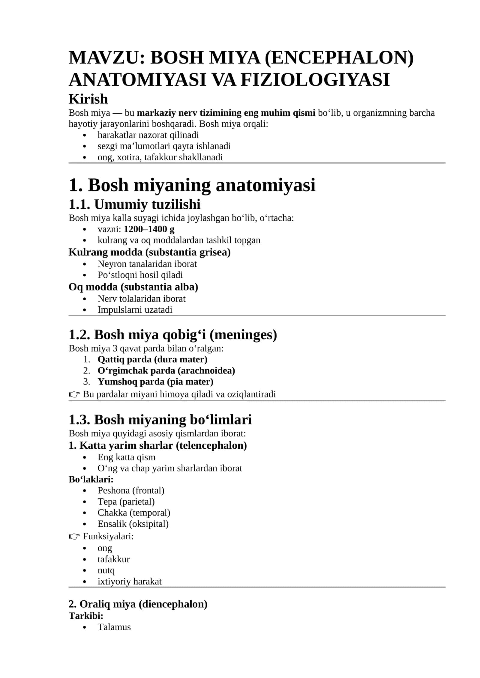 BOSH MIYA (ENCEPHALON) ANATOMIYASI VA FIZIOLOGIYASI
