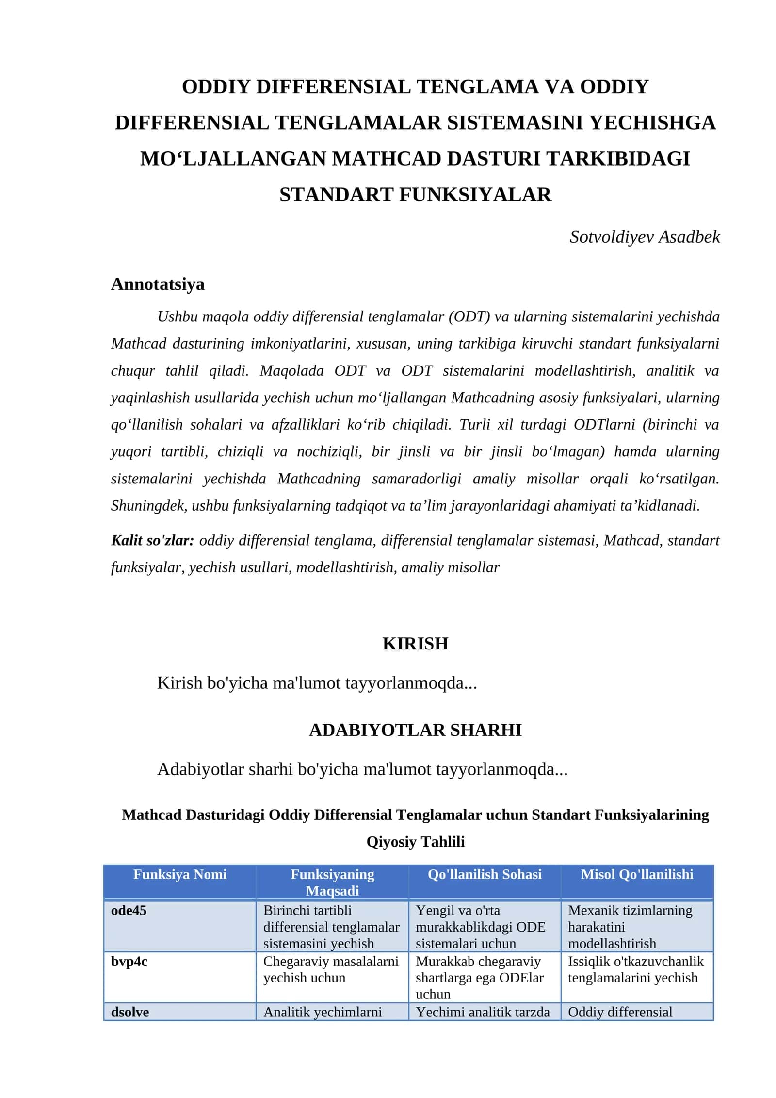 ODDIY DIFFERENSIAL TENGLAMA VA ODDIY DIFFERENSIAL TENGLAMALAR SISTEMASINI YECHISHGA MO‘LJALLANGAN MATHCAD DASTURI TARKIBIDAGI STANDART FUNKSIYALAR