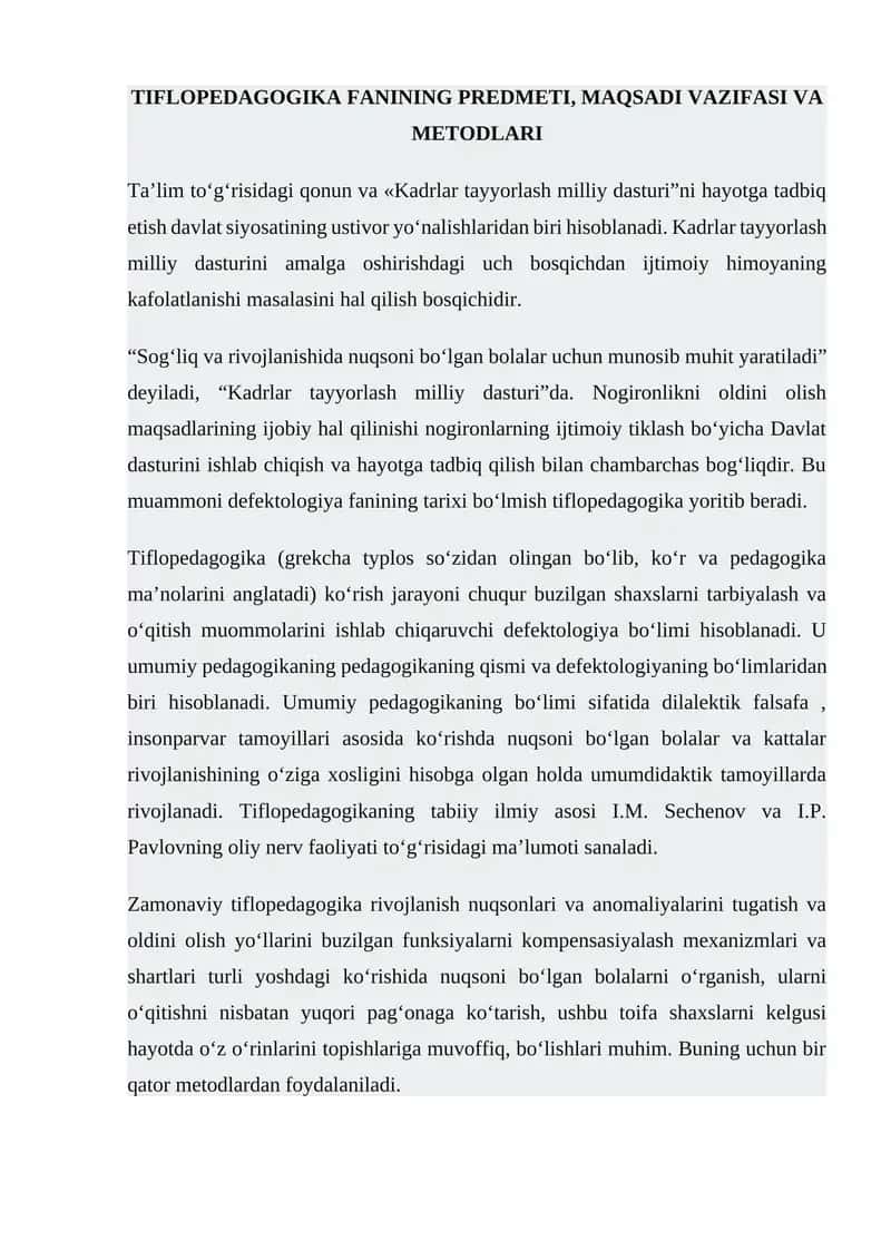 Tiflopedagogika Fanining Predmeti, Maqsadi va Vazifasi va Metodlari
