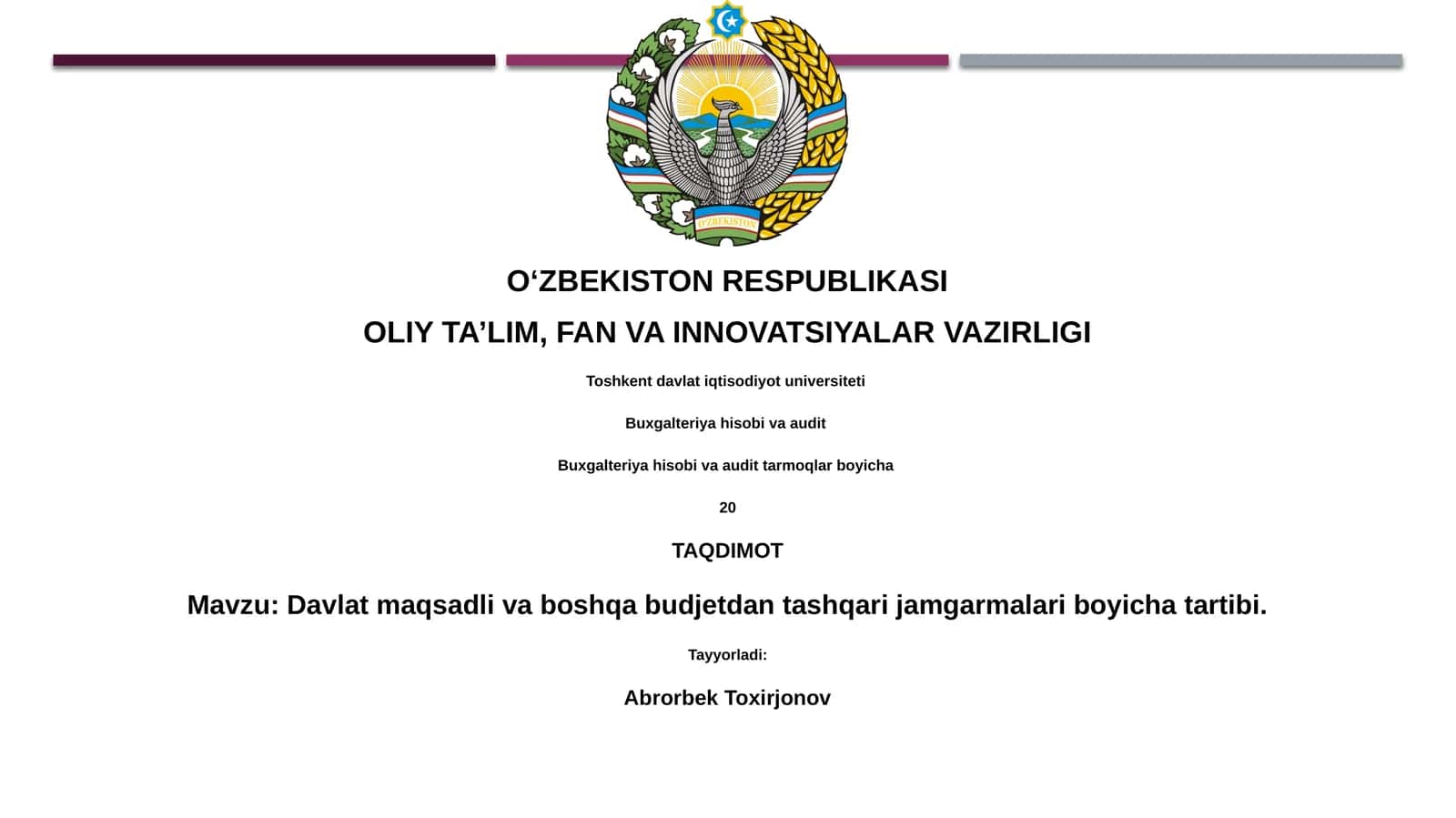 Davlat maqsadli va boshqa budjetdan tashqari jamgarmalari boyicha tartibi