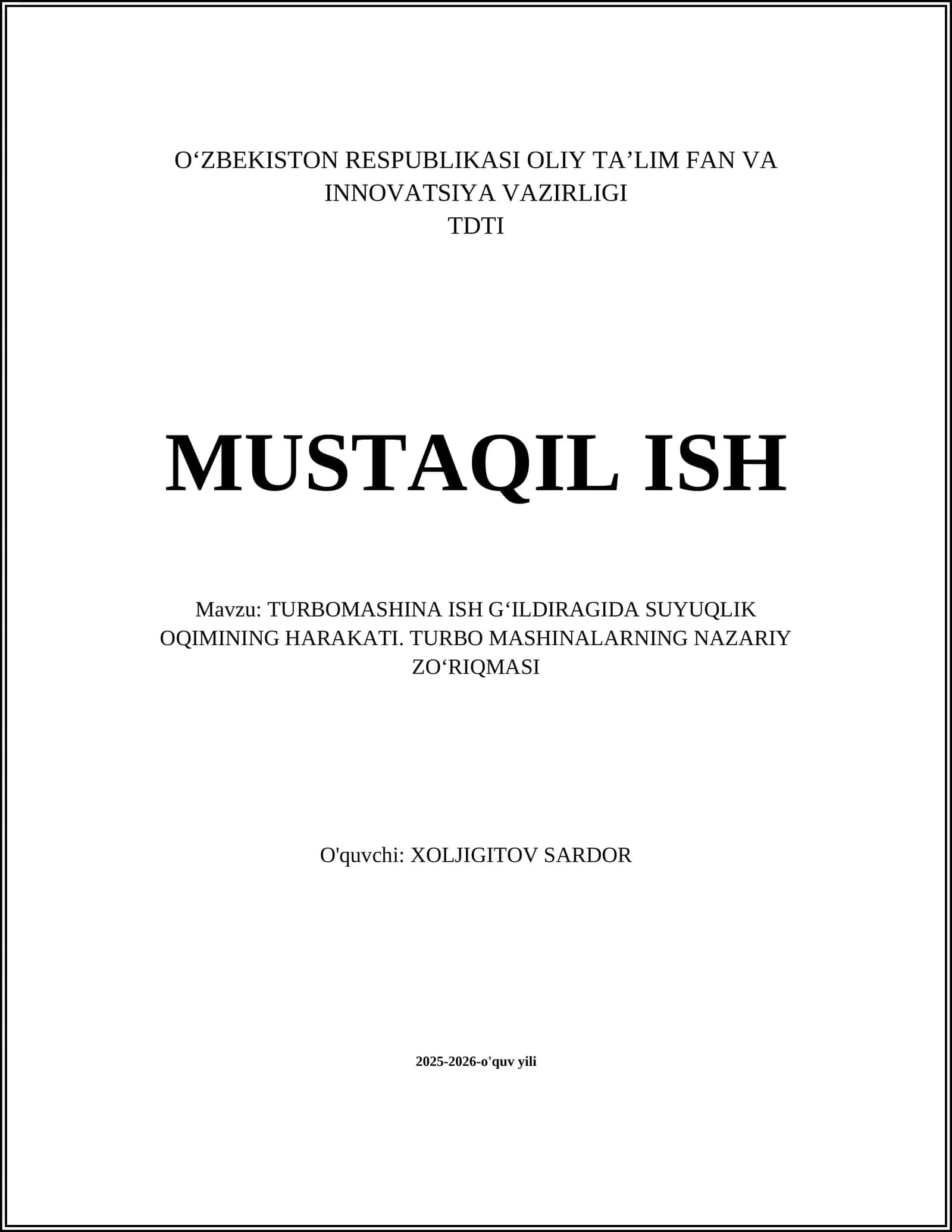 TURBOMASHINA ISH GʻILDIRAGIDA SUYUQLIK OQIMINING HARAKATI