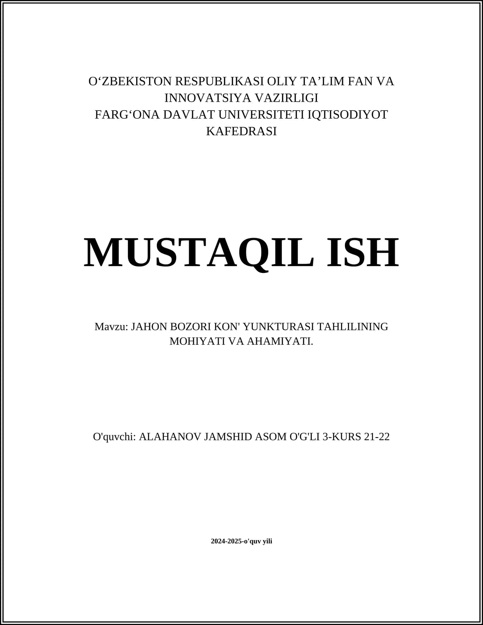 JAHON BOZORI KON' YUNKTURASI TAHLILINING MOHIYATI VA AHAMIYATI