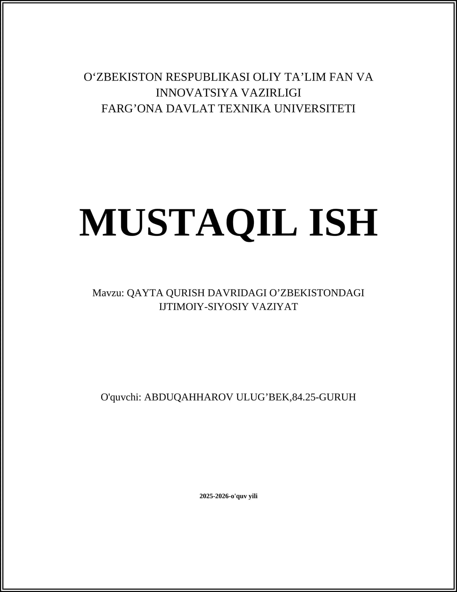 QAYTA QURISH DAVRIDAGI O’ZBEKISTONDAGI IJTIMOIY-SIYOSIY VAZIYAT