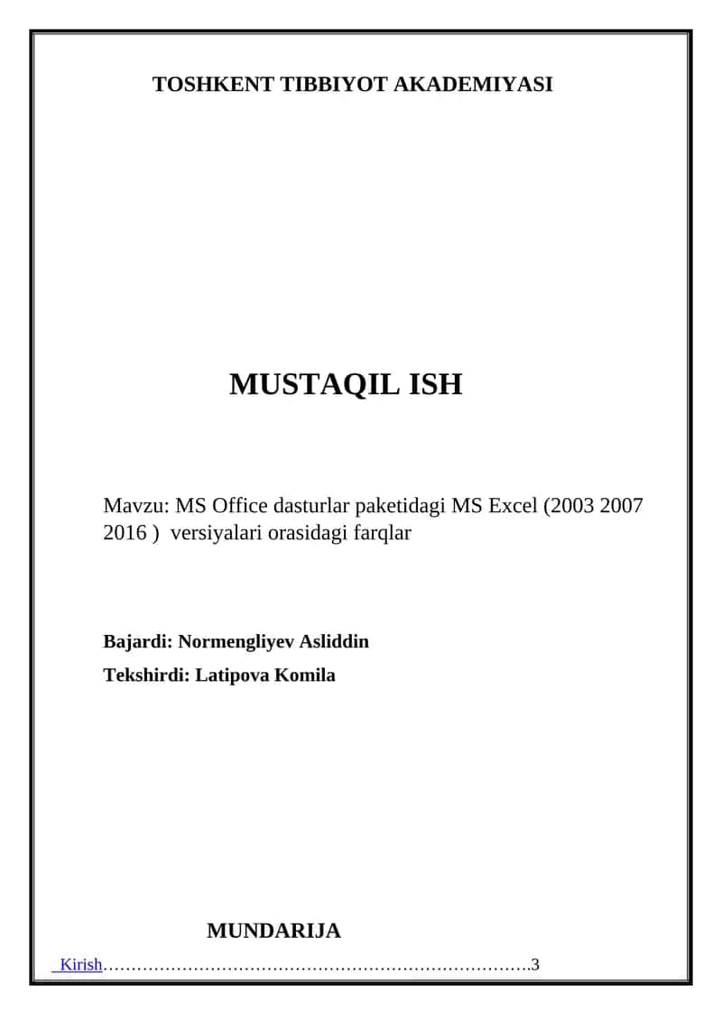 MS Excel dasturlar paketidagi MS Excel (2003 2007 2016 ) versiyalari orasidagi farqlar