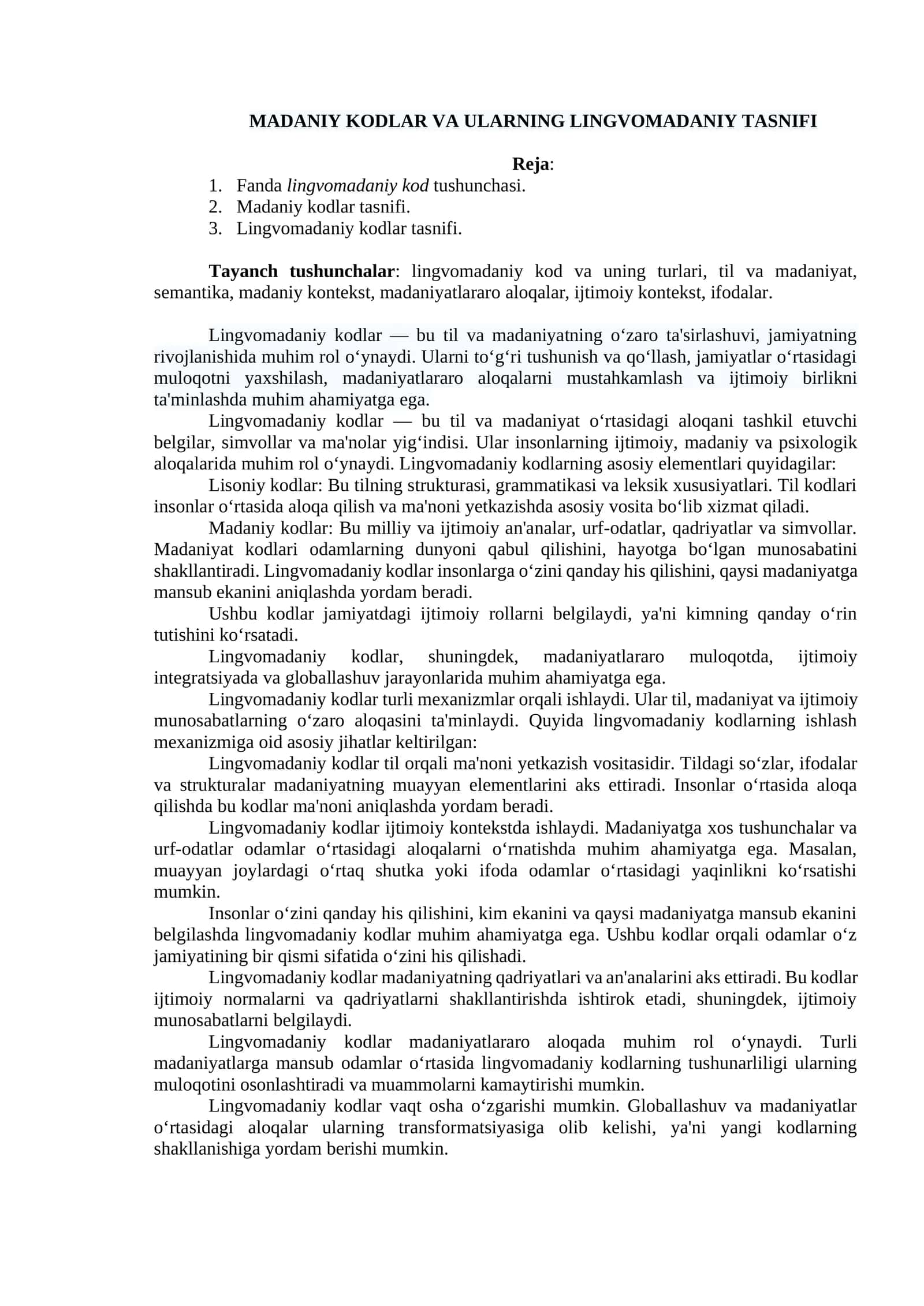 MADANIY KODLAR VA ULARNING LINGVOMADANIY TASNIFI