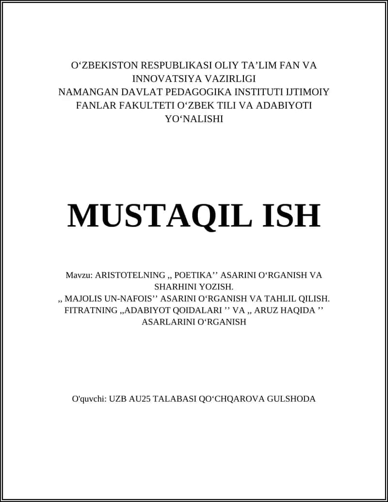 ARISTOTELNING "POETIKA" ASARINI OʻRGANISH VA SHARHINI YOZISH