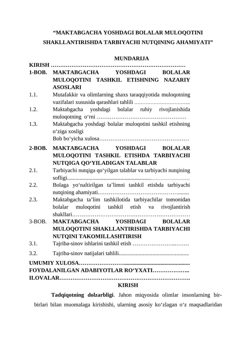 “MAKTABGACHA YOSHDAGI BOLALAR MULOQOTINI SHAKLLANTIRISHDA TARBIYACHI NUTQINING AHAMIYATI”