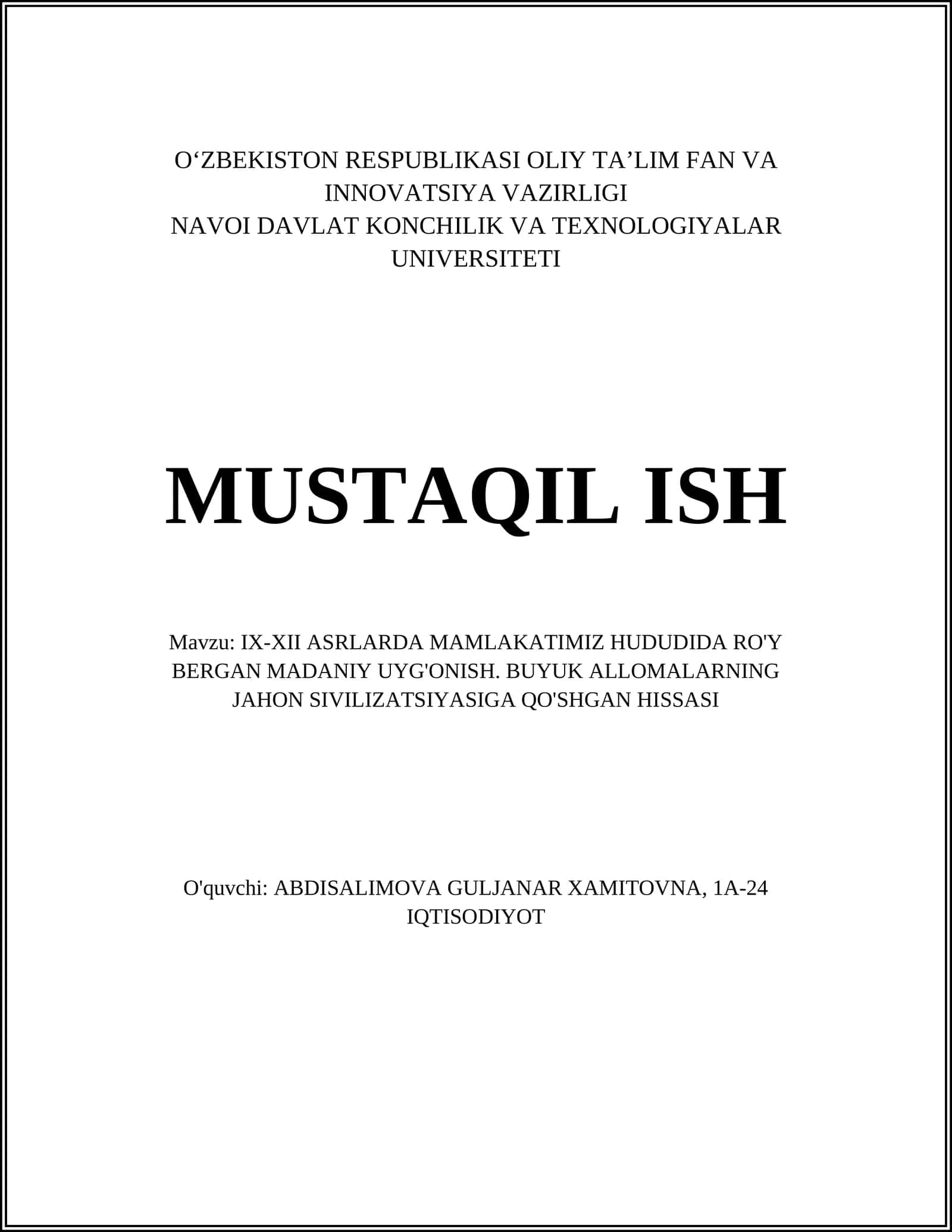 IX-XII ASRLARDA MAMLAKATIMIZ HUDUDIDA RO'Y BERGAN MADANIY UYG'ONISH