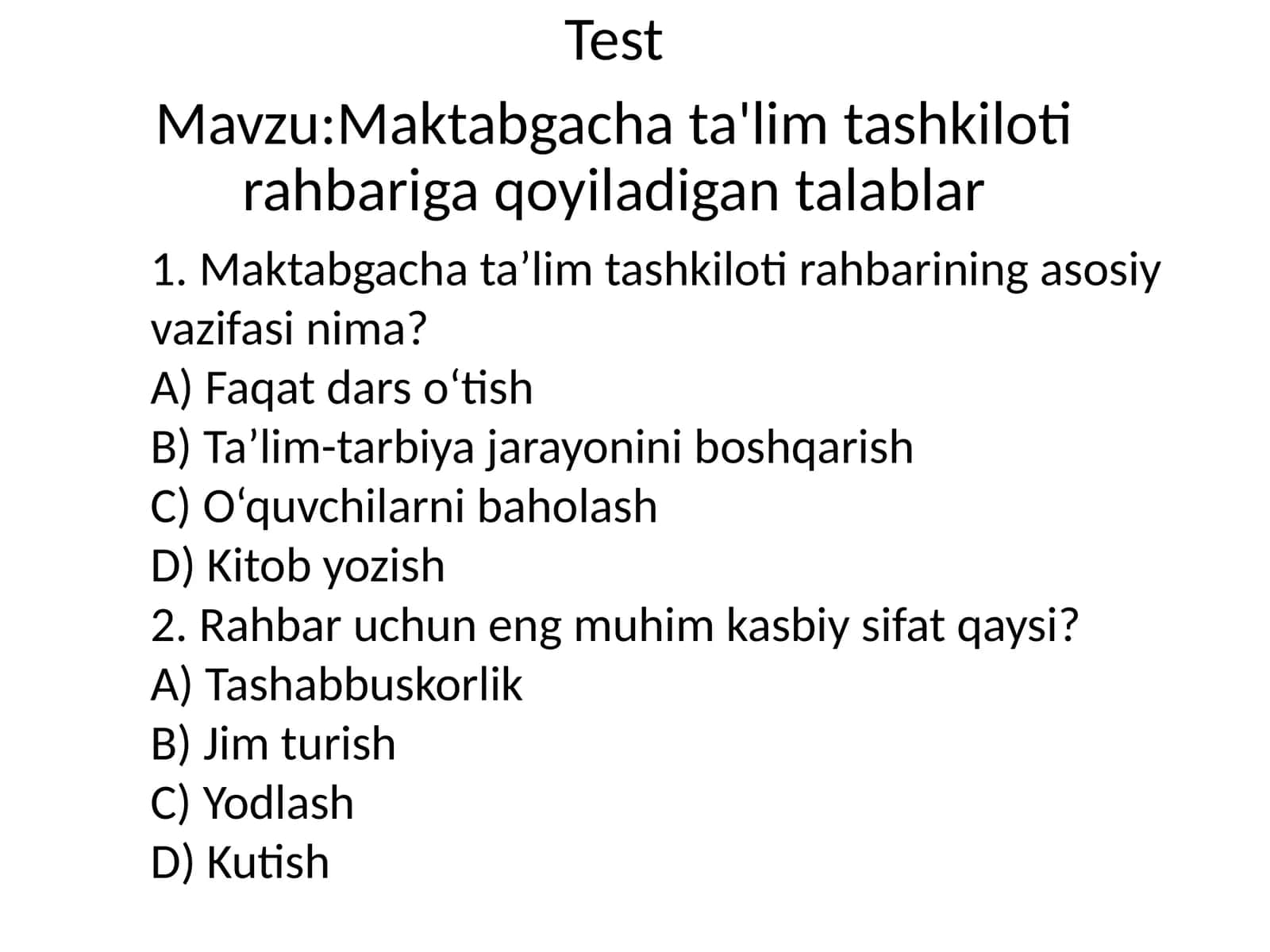 Maktabgachata'limtashkilotirahbarigaqoyiladigantalablar
