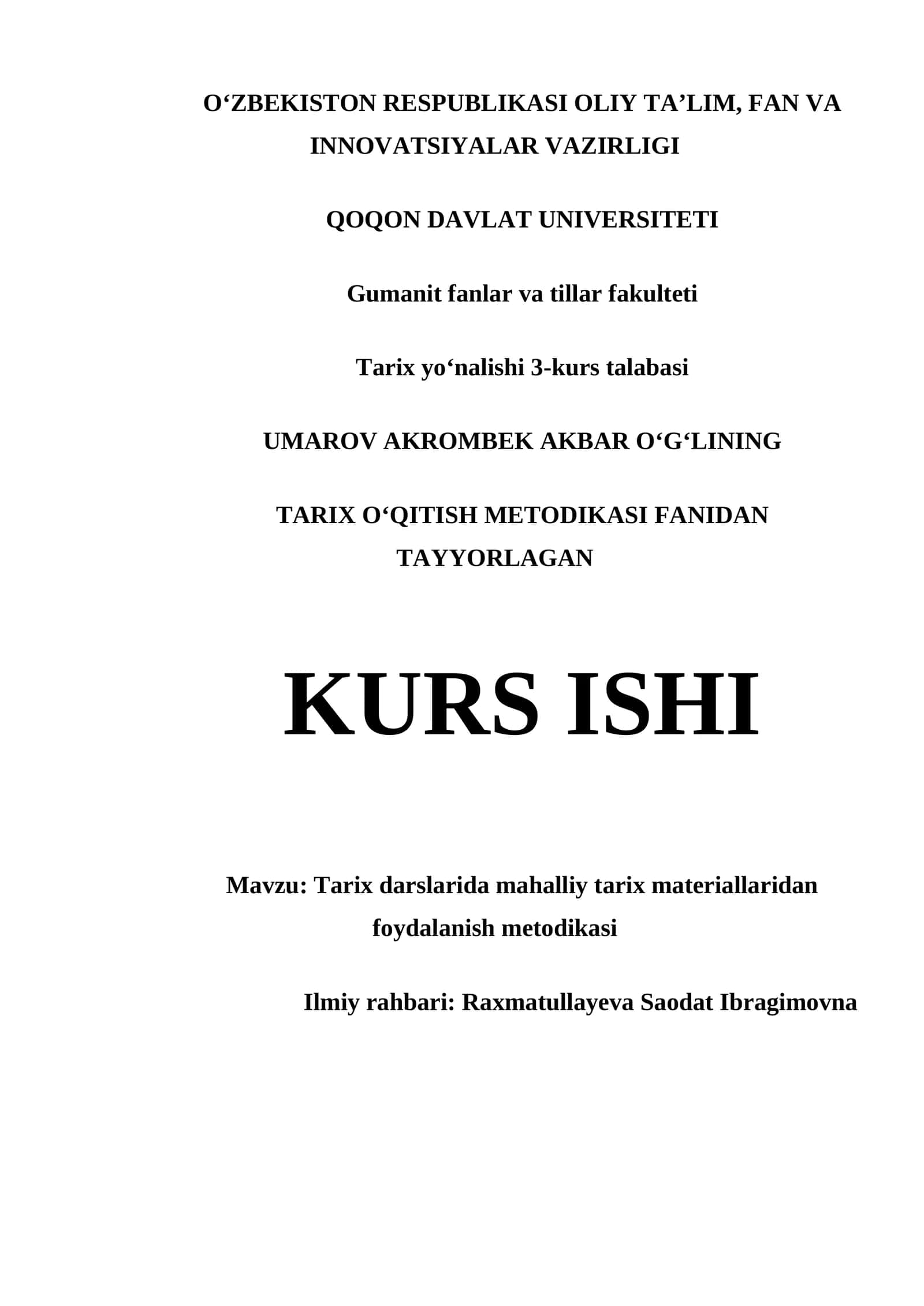 Tarix darslarida mahalliy tarix materiallaridan foydalanish metodikasi