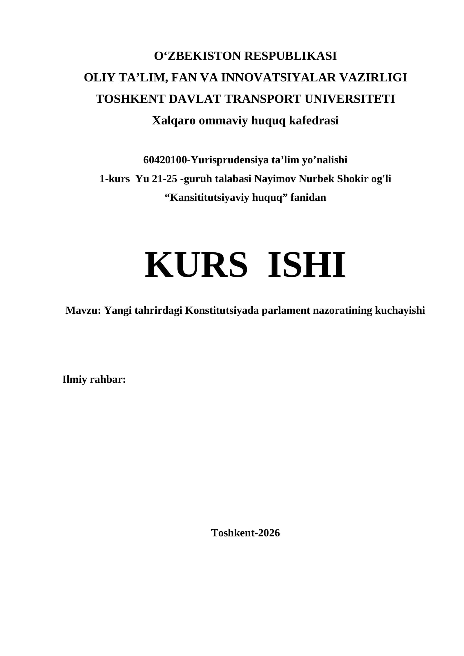 Yangi tahrirdagi Konstitutsiyada parlament nazoratining kuchayishi kurs ishi