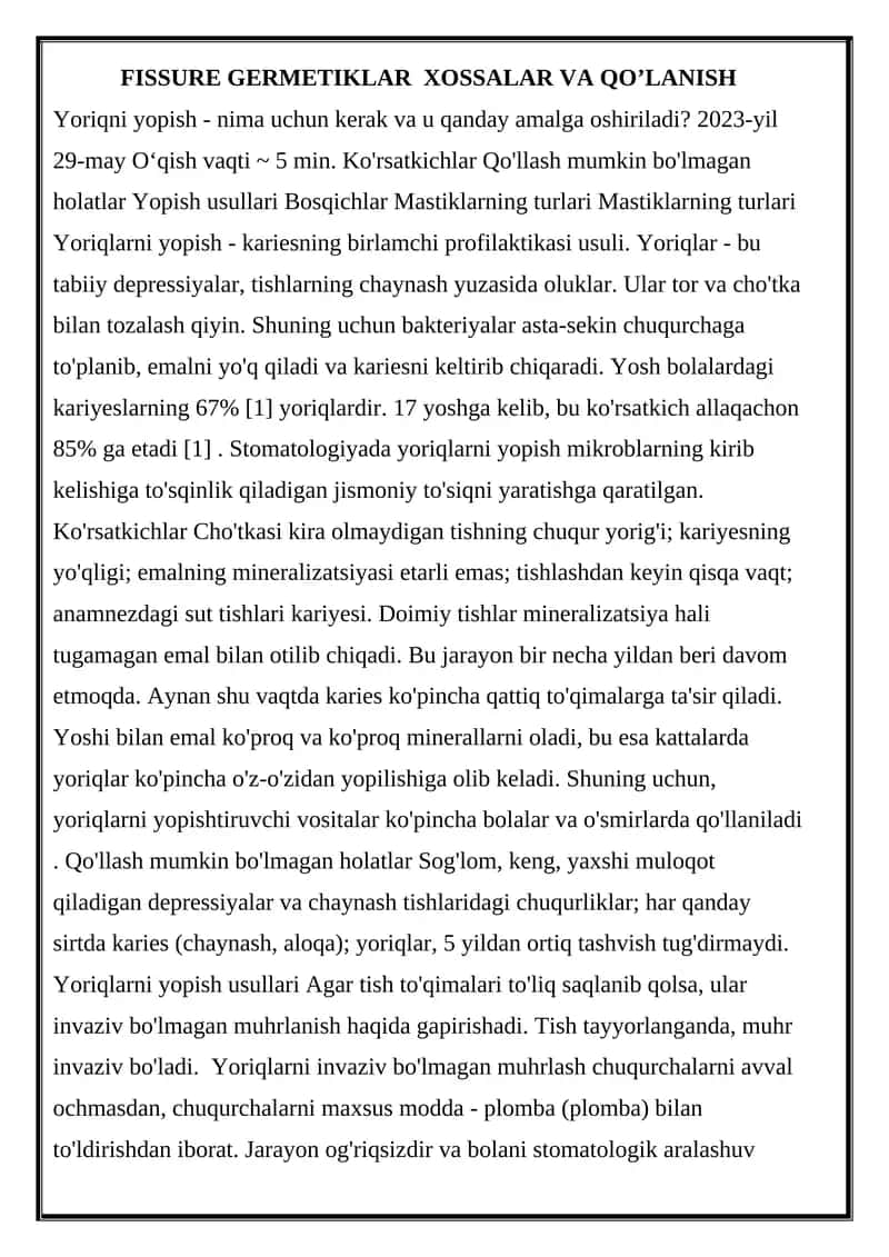 Yoriqlarni yopish - kariesning birlamchi profilaktikasi usuli