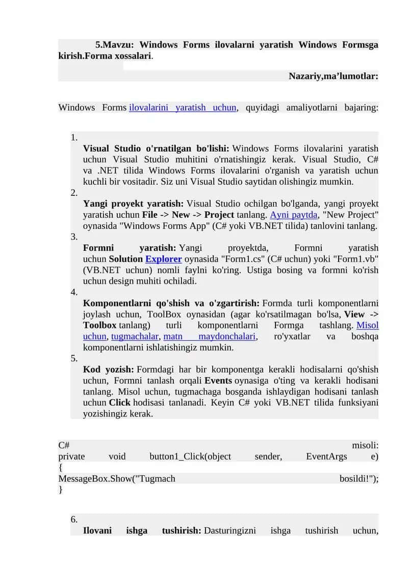 Windows Forms ilovalarni yaratish