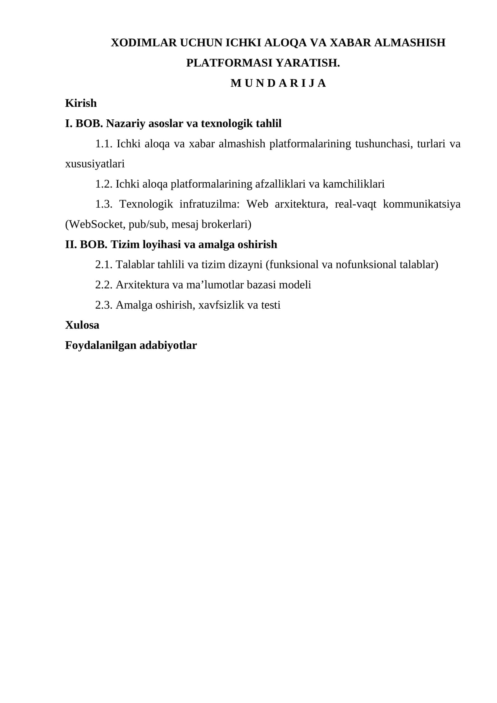 XODIMLAR UCHUN ICHKI ALOQA VA XABAR ALMASHISH PLATFORMASI YARATISH