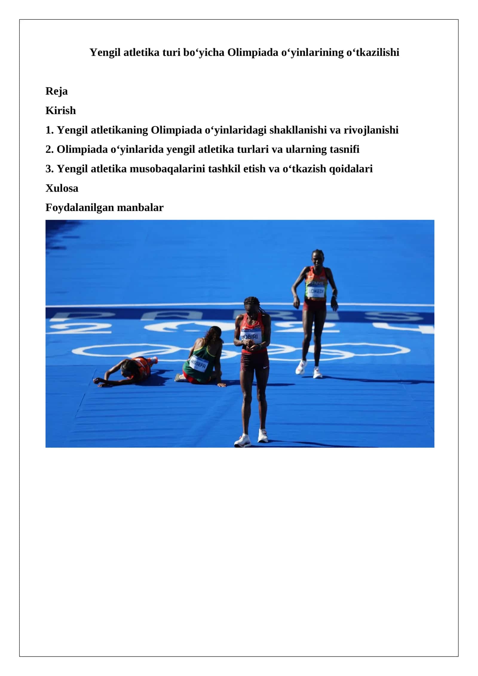 Yengil atletika turi bo‘yicha Olimpiada o‘yinlarining o‘tkazilishi