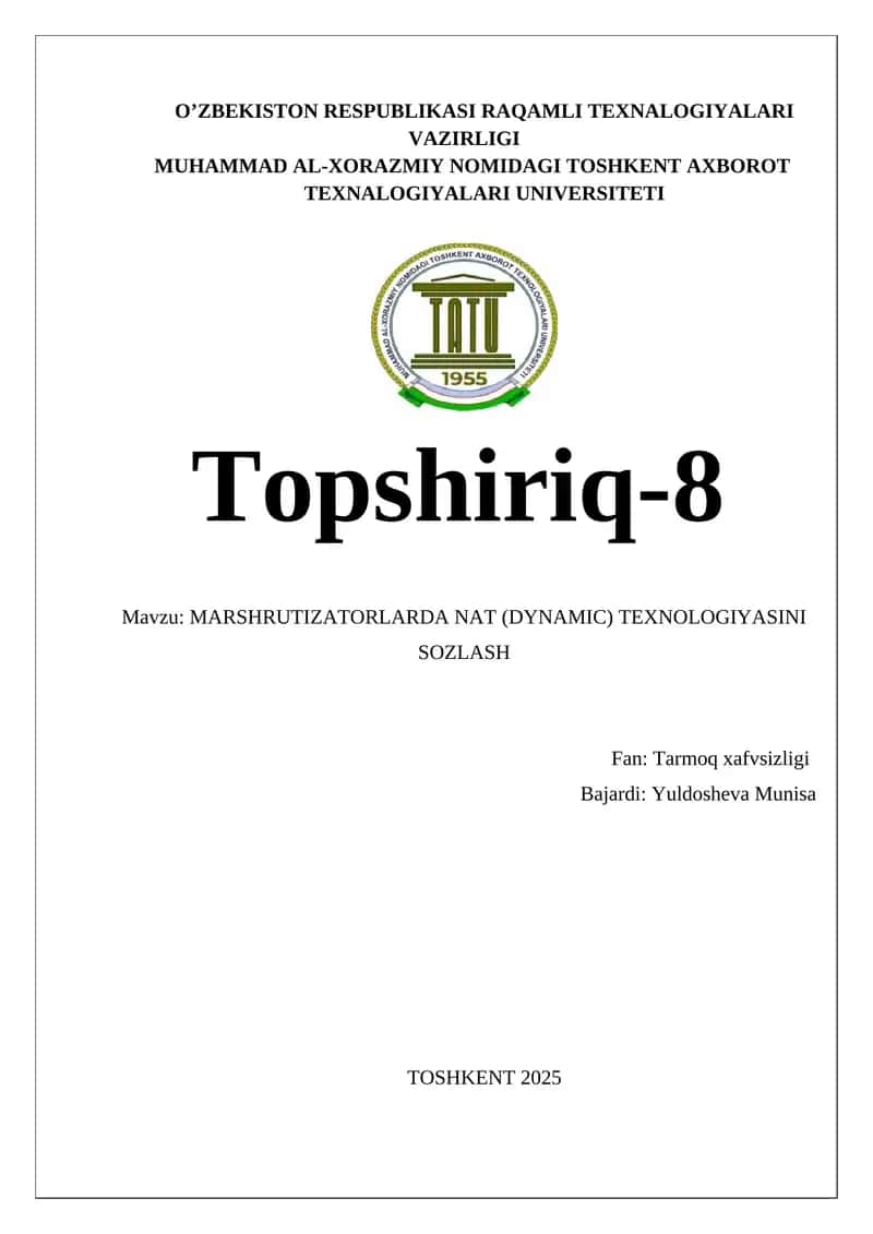 MARSHRUTIZATORLARDA NAT (DYNAMIC) TEXNOLOGIYASINI SOZLASH