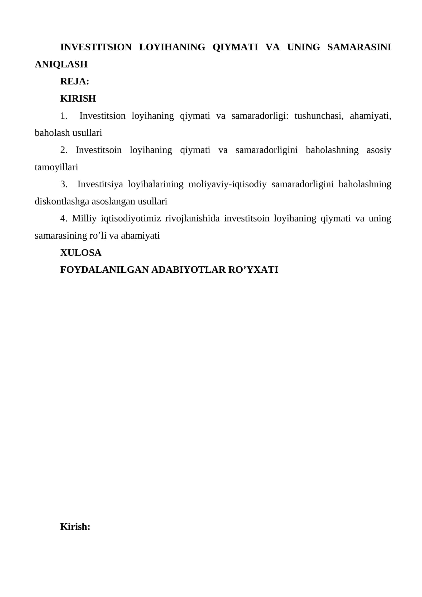 Investitsion loyihaning qiymati va samaradorligi