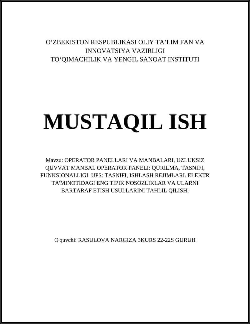 OPERATOR PANELLARI VA MANBALARI, UZLUKSIZ QUVVAT MANBAI