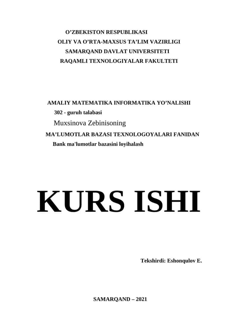 Bank ma'lumotlar bazasini loyihalash