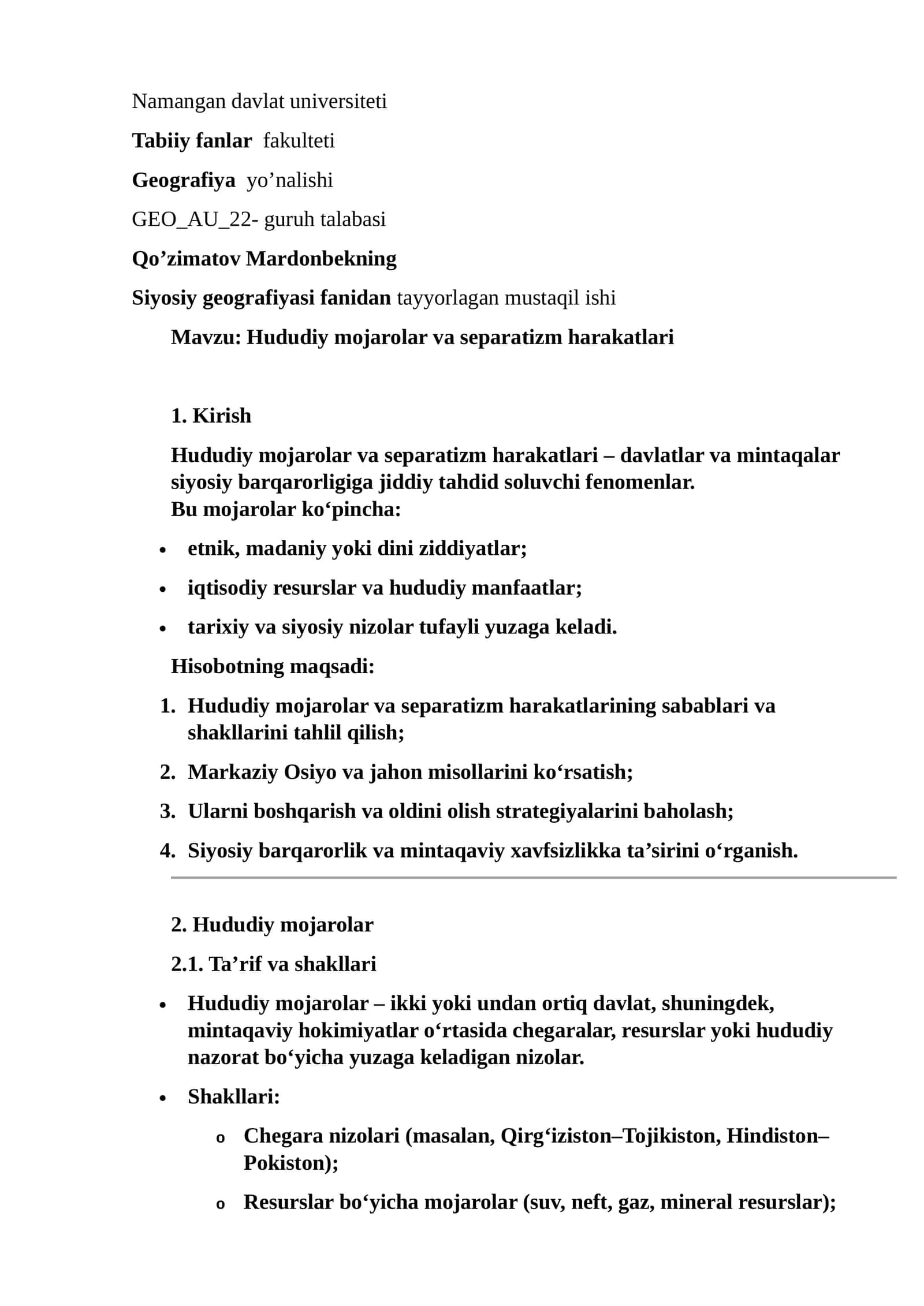 Qo’zimatov Mardonbekning Siyosiy geografiyasi fanidan tayyorlagan mustaqil ishi