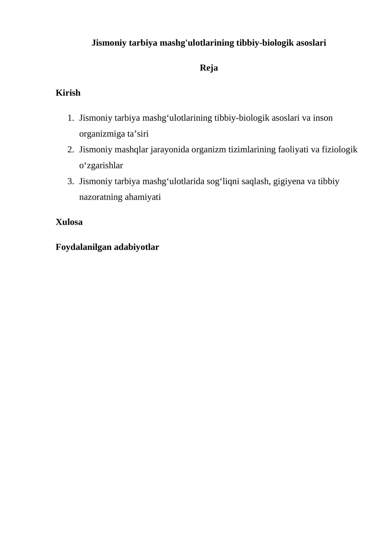 Jismoniy tarbiya mashg'ulotlarining tibbiy-biologik asoslari