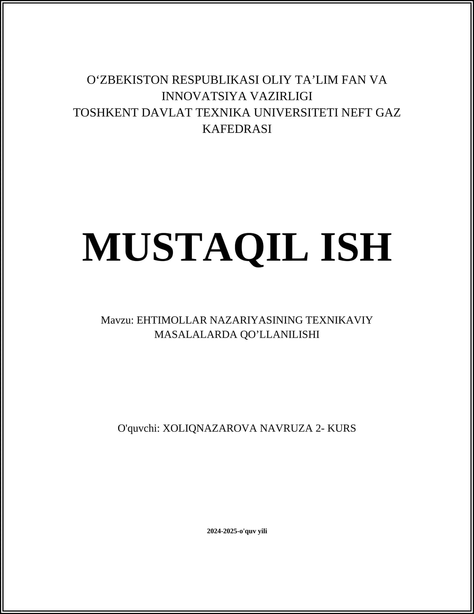 EHTIMOLLAR NAZARIYASINING TEXNIKAVIY MASALALARDA QO’LLANILISHI